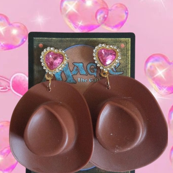 Jewelry - Brown Cowboy Hat Earrings with Pink Heart Studs